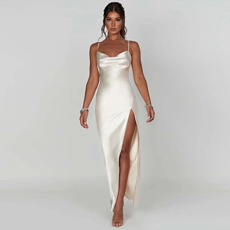 Satin Dresses - Bridesmaid Satin Dress for Weddings with Cowl Neck & Slit