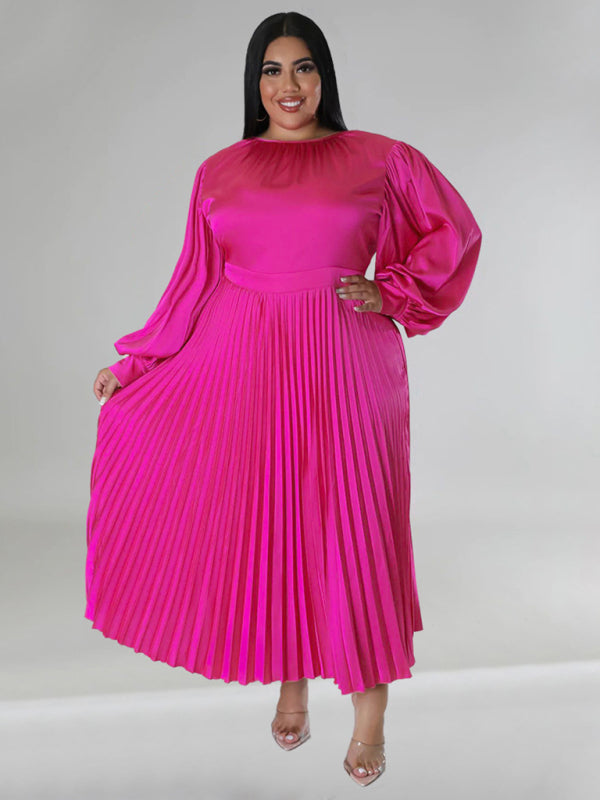 Satin Dresses- Elegant Satin Plus Size Pleated Dress for Evening Parties- Rose- IndioGear Women Clothing