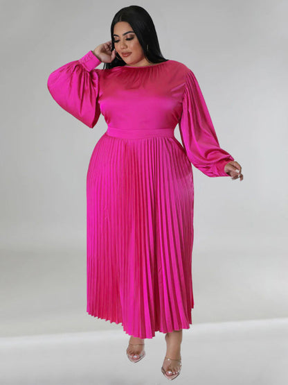 Satin Dresses- Elegant Satin Plus Size Pleated Dress for Evening Parties- - IndioGear Women Clothing