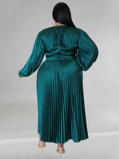 Satin Dresses- Elegant Satin Plus Size Pleated Dress for Evening Parties- - IndioGear Women Clothing