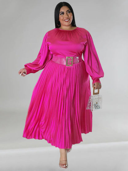 Satin Dresses- Elegant Satin Plus Size Pleated Dress for Evening Parties- - IndioGear Women Clothing