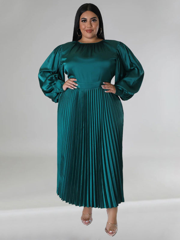 Satin Dresses- Elegant Satin Plus Size Pleated Dress for Evening Parties- - IndioGear Women Clothing