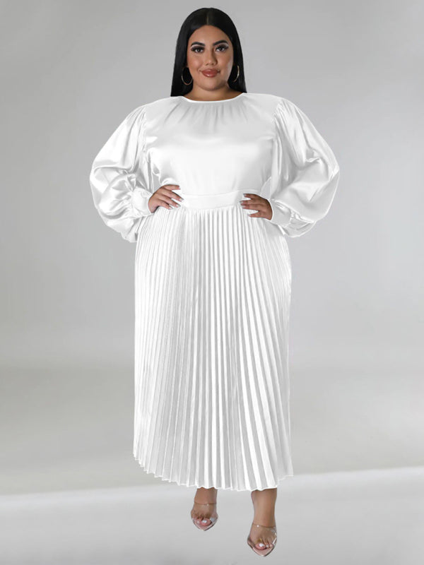 Satin Dresses- Elegant Satin Plus Size Pleated Dress for Evening Parties- - IndioGear Women Clothing