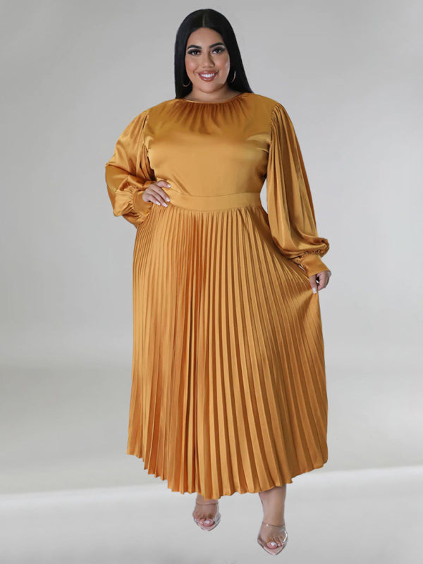 Satin Dresses- Elegant Satin Plus Size Pleated Dress for Evening Parties- - IndioGear Women Clothing