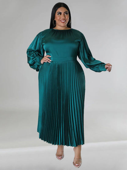 Satin Dresses- Elegant Satin Plus Size Pleated Dress for Evening Parties- - IndioGear Women Clothing