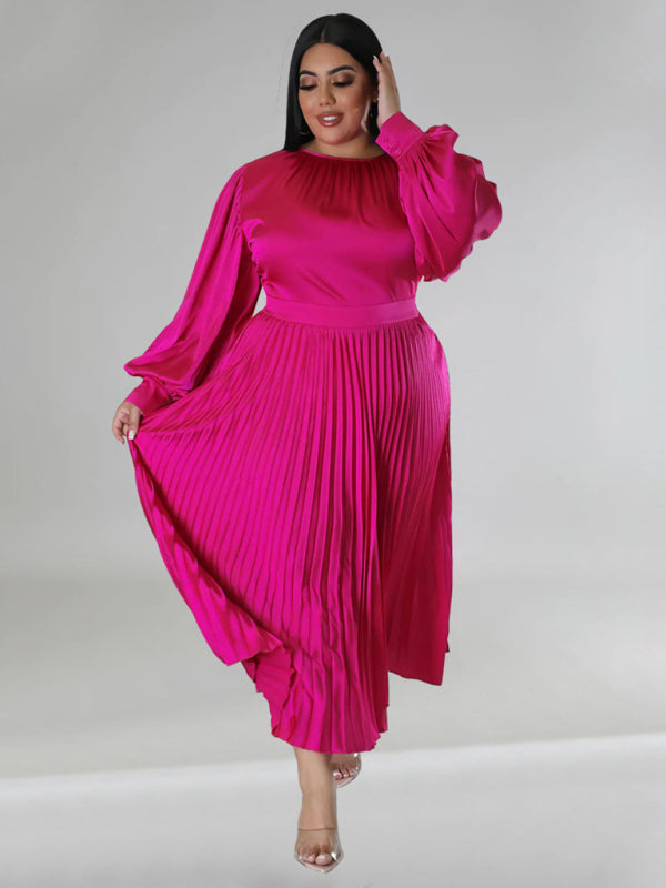 Satin Dresses- Elegant Satin Plus Size Pleated Dress for Evening Parties- - IndioGear Women Clothing