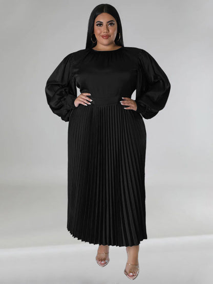 Satin Dresses- Elegant Satin Plus Size Pleated Dress for Evening Parties- - IndioGear Women Clothing