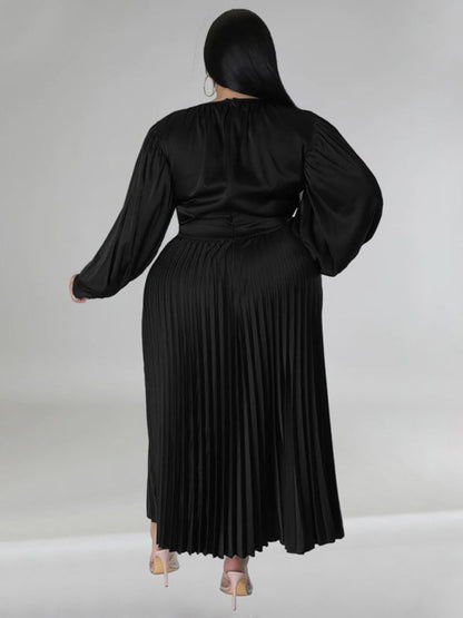 Satin Dresses- Elegant Satin Plus Size Pleated Dress for Evening Parties- - IndioGear Women Clothing