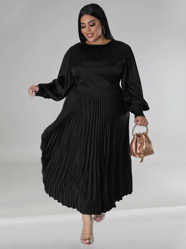 Satin Dresses- Elegant Satin Plus Size Pleated Dress for Evening Parties- - IndioGear Women Clothing