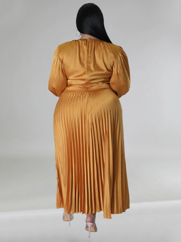 Satin Dresses- Elegant Satin Plus Size Pleated Dress for Evening Parties- - IndioGear Women Clothing