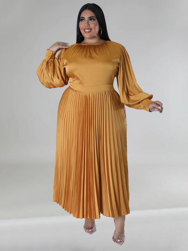 Satin Dresses- Elegant Satin Plus Size Pleated Dress for Evening Parties- - IndioGear Women Clothing