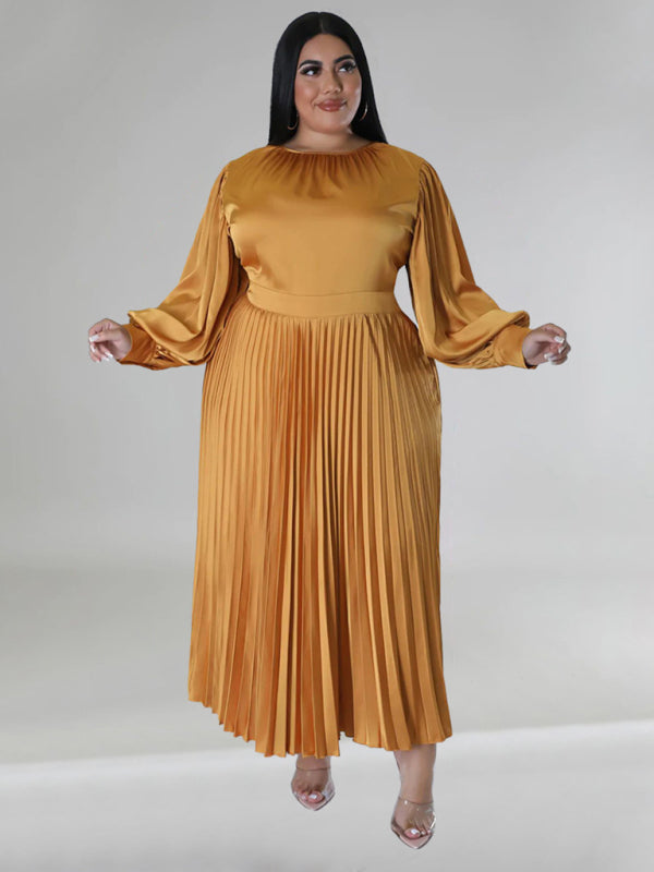 Satin Dresses- Elegant Satin Plus Size Pleated Dress for Evening Parties- Golden- IndioGear Women Clothing