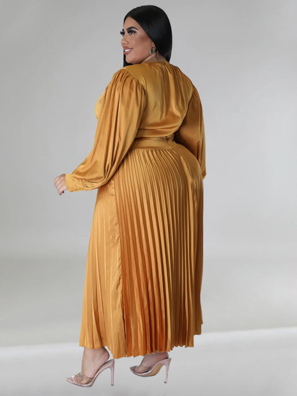 Satin Dresses- Elegant Satin Plus Size Pleated Dress for Evening Parties- - IndioGear Women Clothing