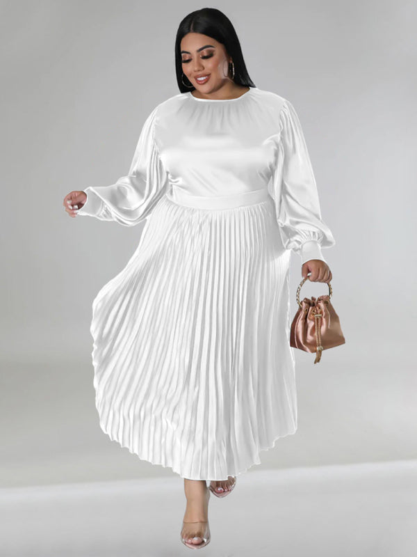 Satin Dresses- Elegant Satin Plus Size Pleated Dress for Evening Parties- White- IndioGear Women Clothing