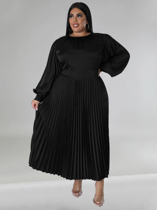 Satin Dresses- Elegant Satin Plus Size Pleated Dress for Evening Parties- Black- IndioGear Women Clothing