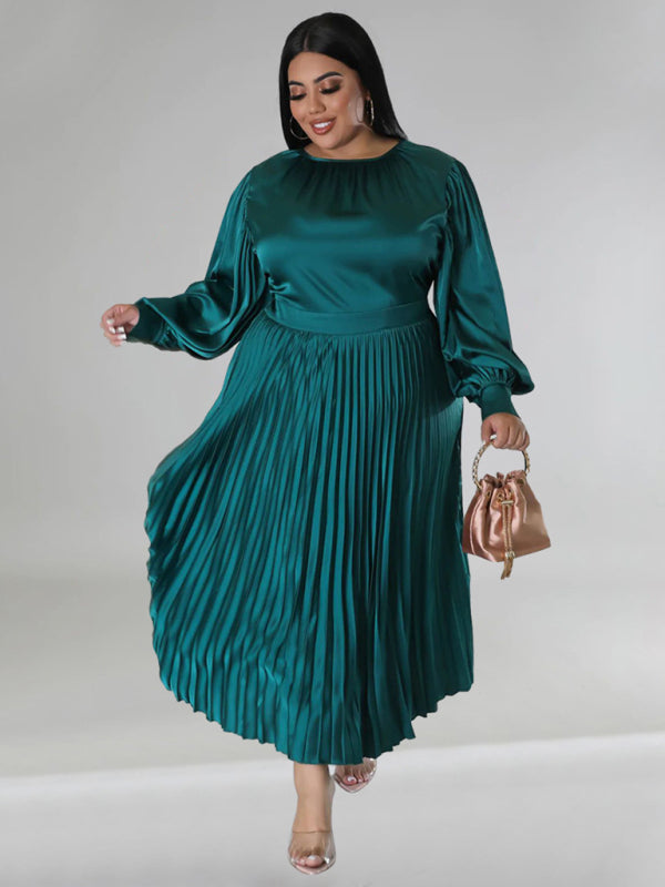 Satin Dresses- Elegant Satin Plus Size Pleated Dress for Evening Parties- Green- IndioGear Women Clothing