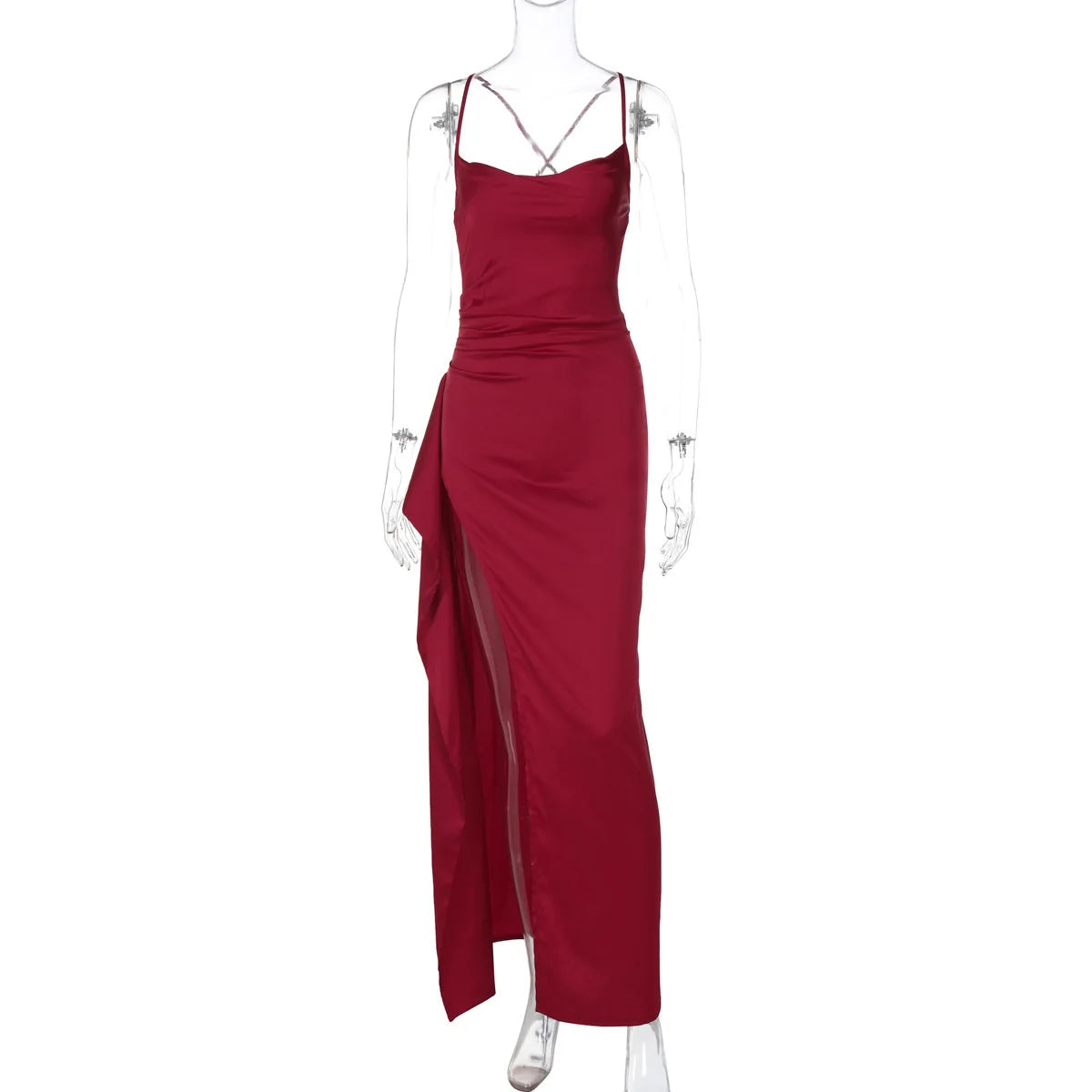 Satin Dresses- Elegant Wedding Guest Satin Maxi Dress with High Slit & Lace-Up- Wine- IndioGear Women Clothing