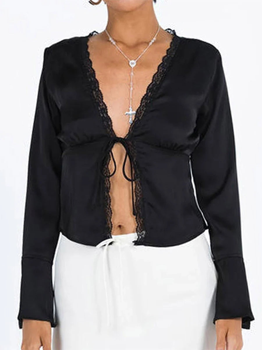 Satin Tops- Women's Lace Trimmed Satin Blouse with Tie-Up Neck- - IndioGear.com