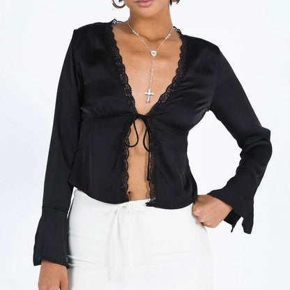 Satin Tops- Women's Lace Trimmed Satin Blouse with Tie-Up Neck- - IndioGear.com