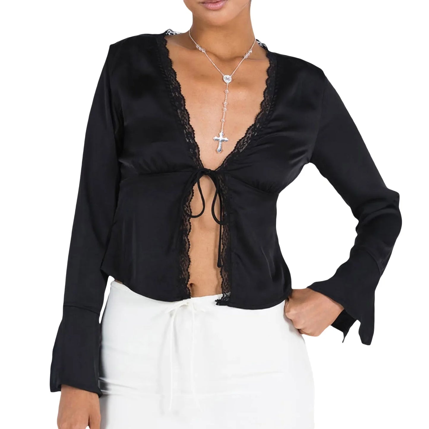 Satin Tops- Women's Lace Trimmed Satin Blouse with Tie-Up Neck- Black- IndioGear.com