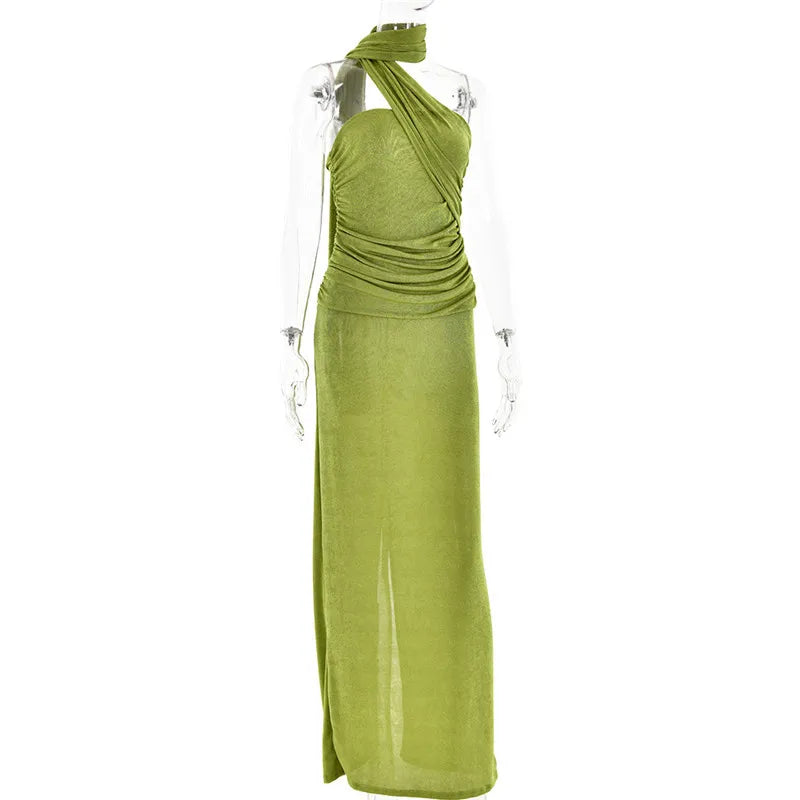 Evening Gown- Backless Halter Ruched Maxi Dress for Evening Parties- - IndioGear Women Clothing