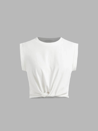 Tees- Tummy Knot Twist Cropped Solid Tee- - IndioGear.com