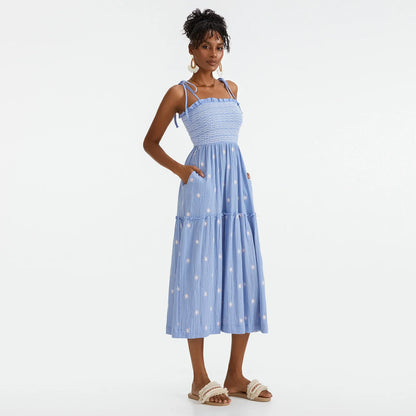 Vacation Dresses- Floral Embroidered Midi Dress for Summer Casual Evenings- - IndioGear.com