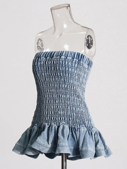 Tube Tops- Denim Tube Top with Ruffle Hem- - IndioGear.com