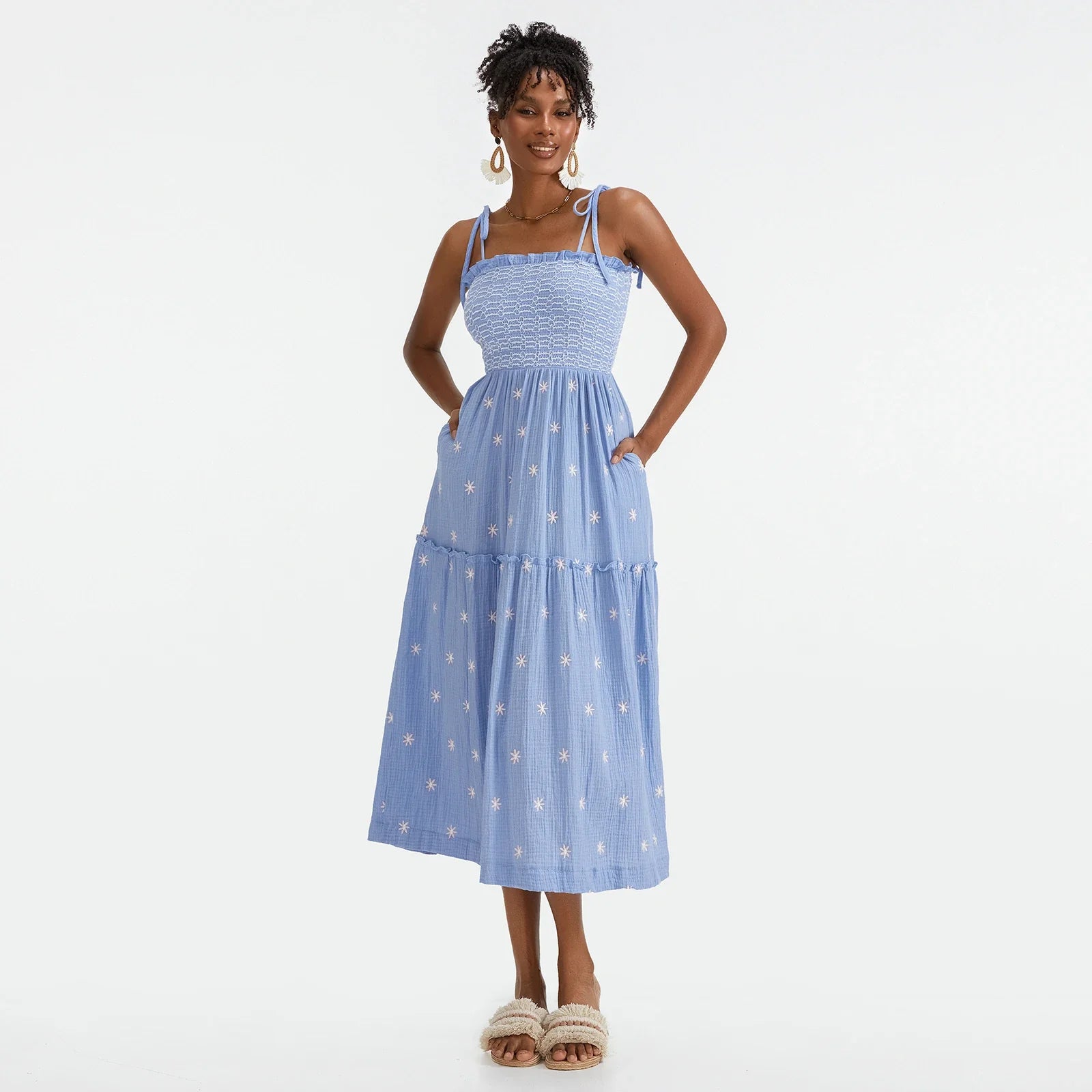 Vacation Dresses- Floral Embroidered Midi Dress for Summer Casual Evenings- - IndioGear.com