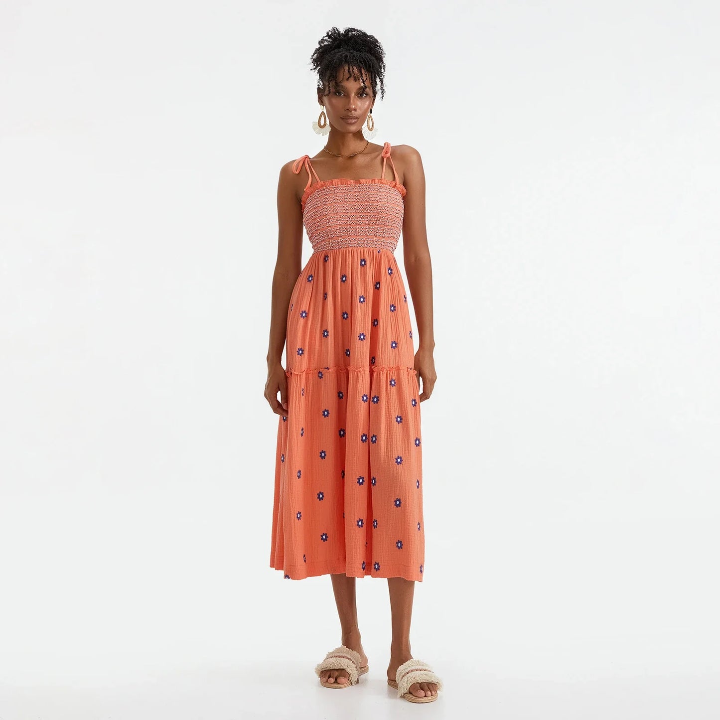 Vacation Dresses- Floral Embroidered Midi Dress for Summer Casual Evenings- - IndioGear.com