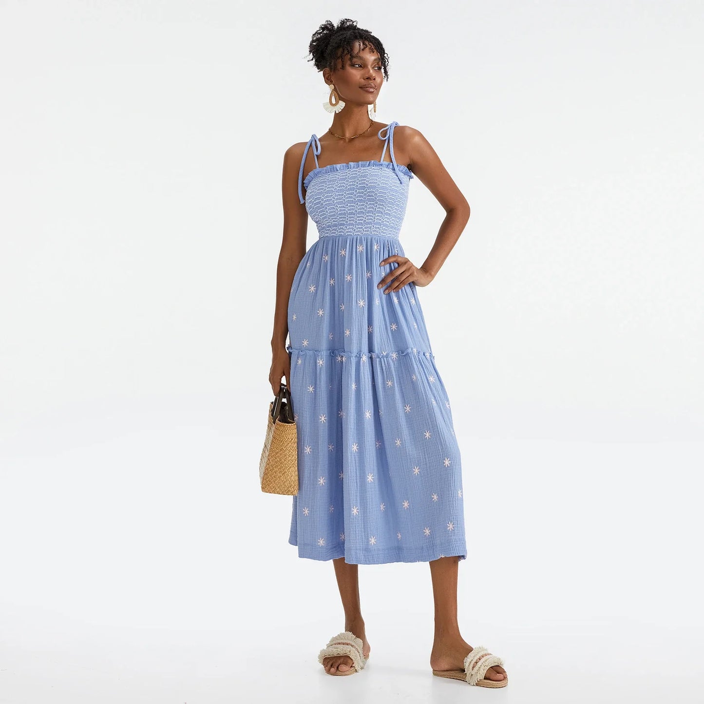 Vacation Dresses- Floral Embroidered Midi Dress for Summer Casual Evenings- - IndioGear.com