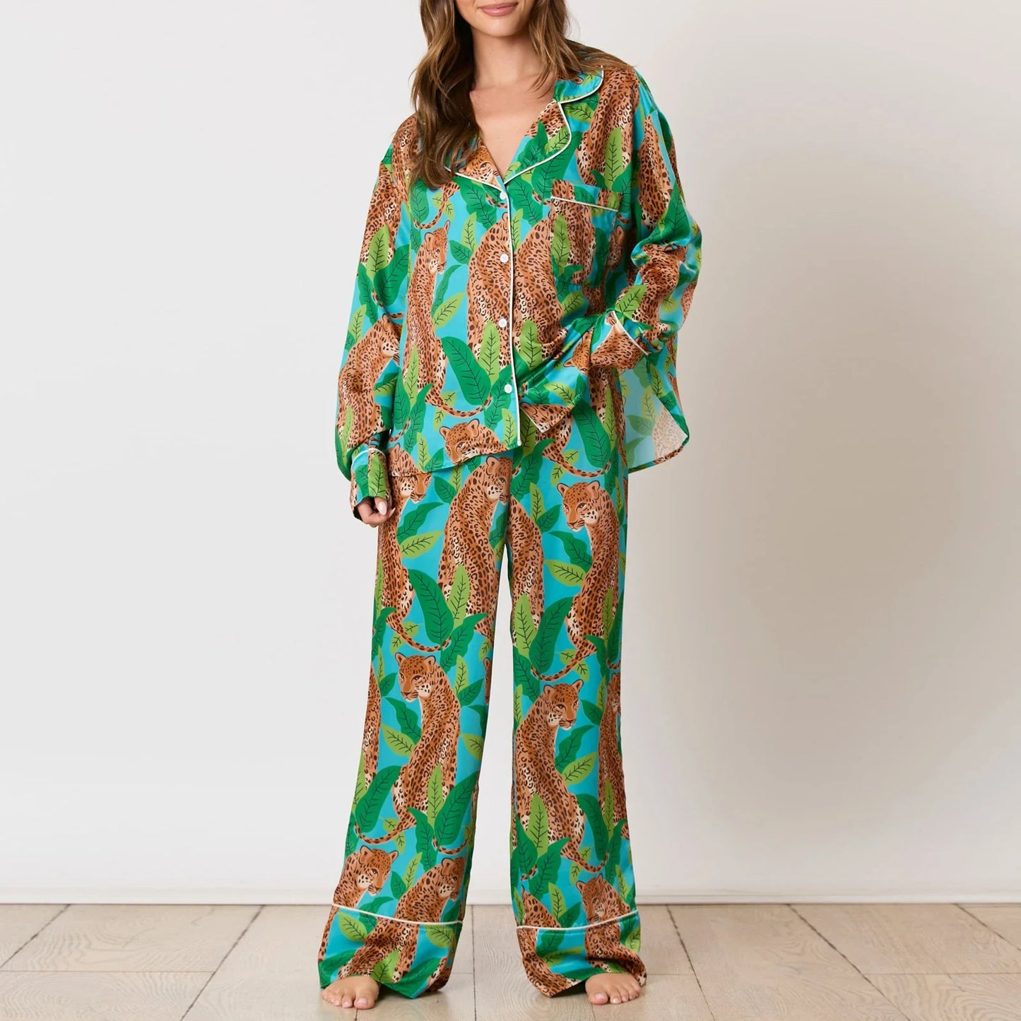 Pajamas- Fall Multicolor Pajamas Nightwear 2 Piece Pants and Shirt- green- IndioGear Women Clothing