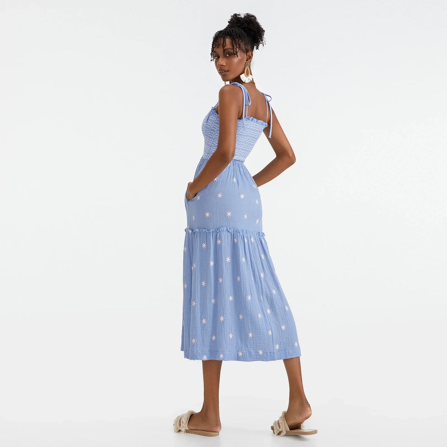 Vacation Dresses- Floral Embroidered Midi Dress for Summer Casual Evenings- - IndioGear.com