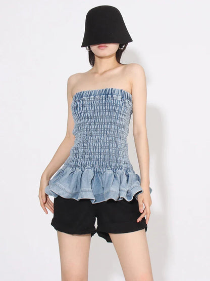 Tube Tops- Denim Tube Top with Ruffle Hem- - IndioGear.com