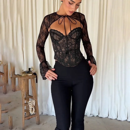 Sheer Tops- Sheer Lace Top with Flare Sleeves – Date Night Ready 💫- - IndioGear Women Clothing