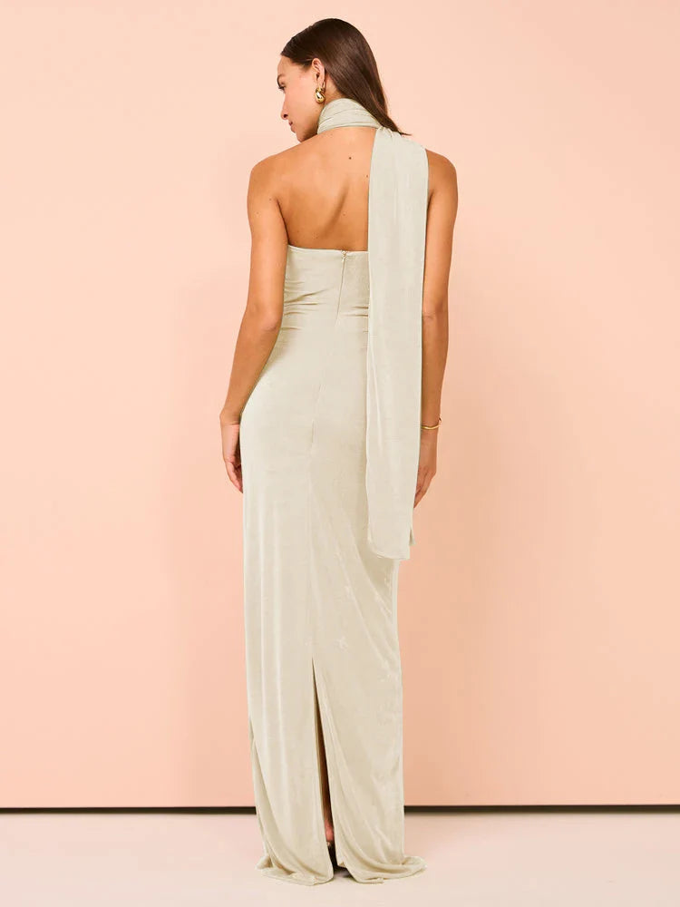 Evening Gown- Backless Halter Ruched Maxi Dress for Evening Parties- - IndioGear Women Clothing