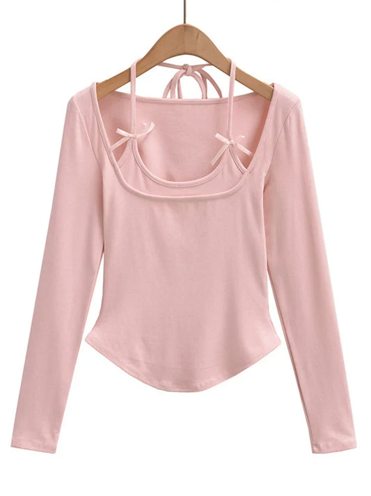 Halter Tops- Halter Crop Top Faux 2 Pieces Long Sleeve- Pink- IndioGear.com