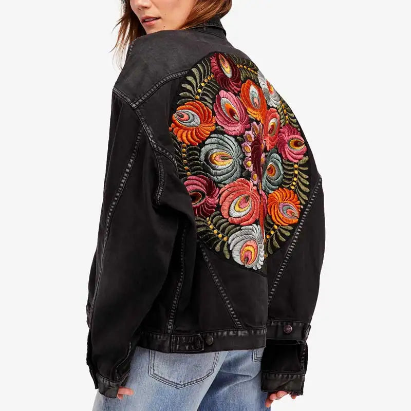 Denim Jackets- Floral Embroidered Patch on Back Denim Oversized Jacket- - IndioGear.com