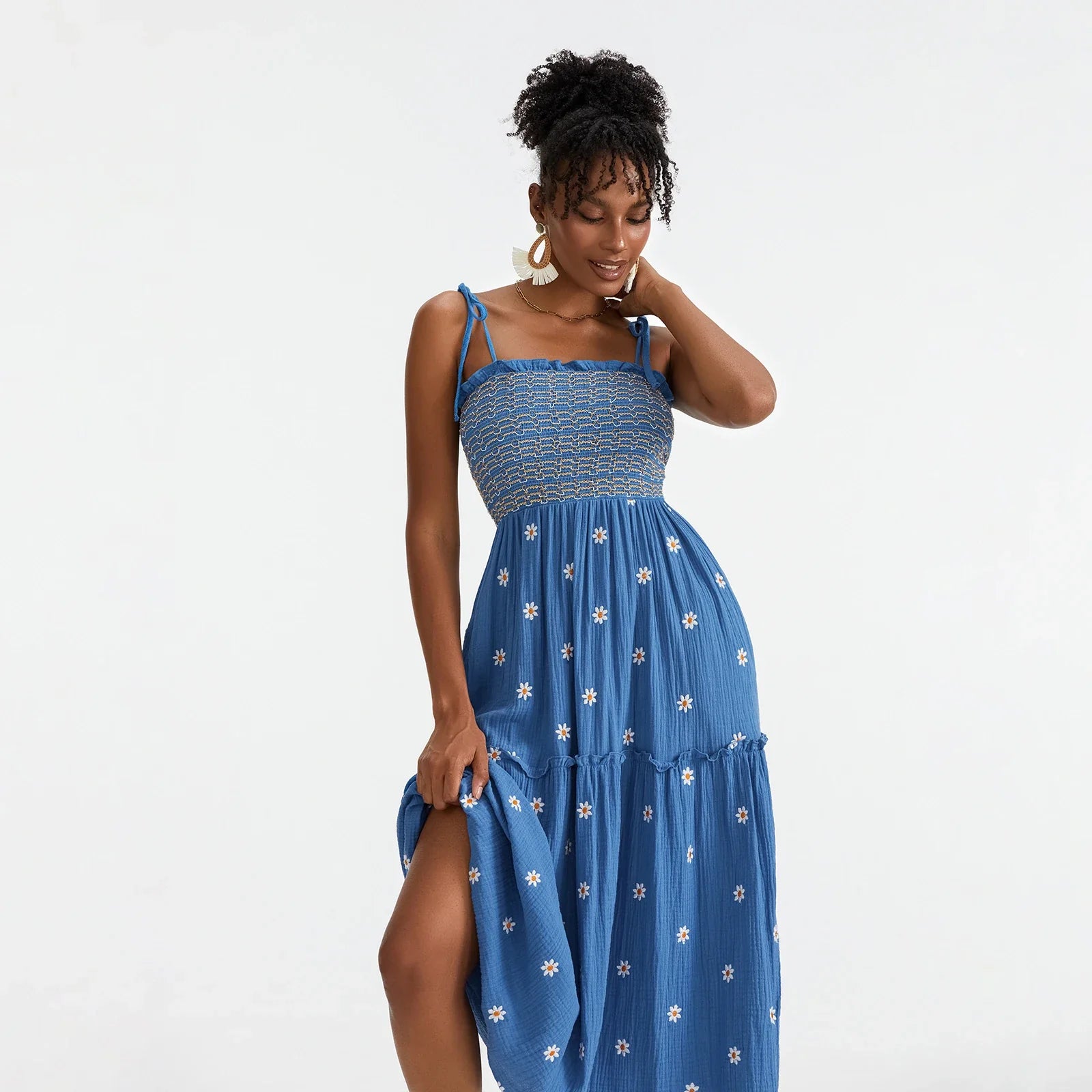 Vacation Dresses- Floral Embroidered Midi Dress for Summer Casual Evenings- - IndioGear.com