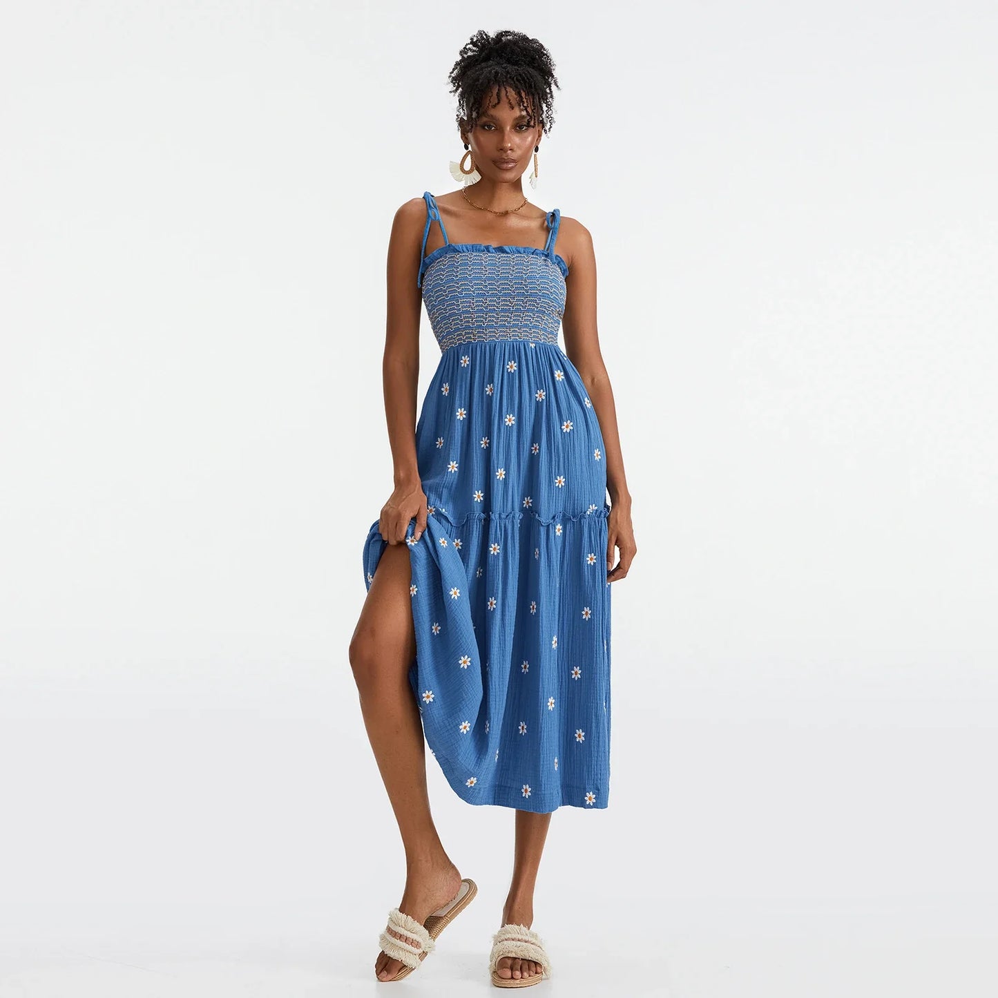 Vacation Dresses- Floral Embroidered Midi Dress for Summer Casual Evenings- - IndioGear.com