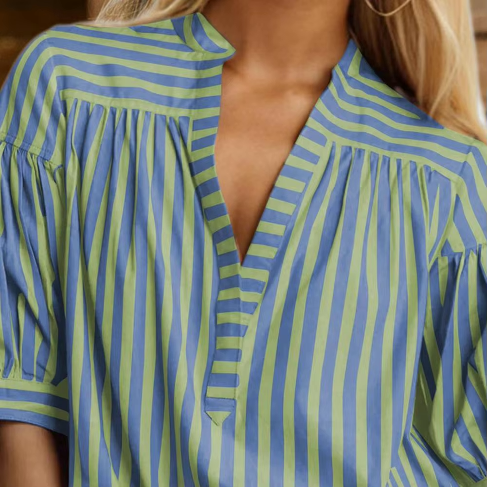 Blouses- Two Tone Striped Print Lantern Sleeve V-neck Blouse- - IndioGear.com