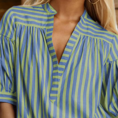 Blouses- Two Tone Striped Print Lantern Sleeve V-neck Blouse- - IndioGear.com