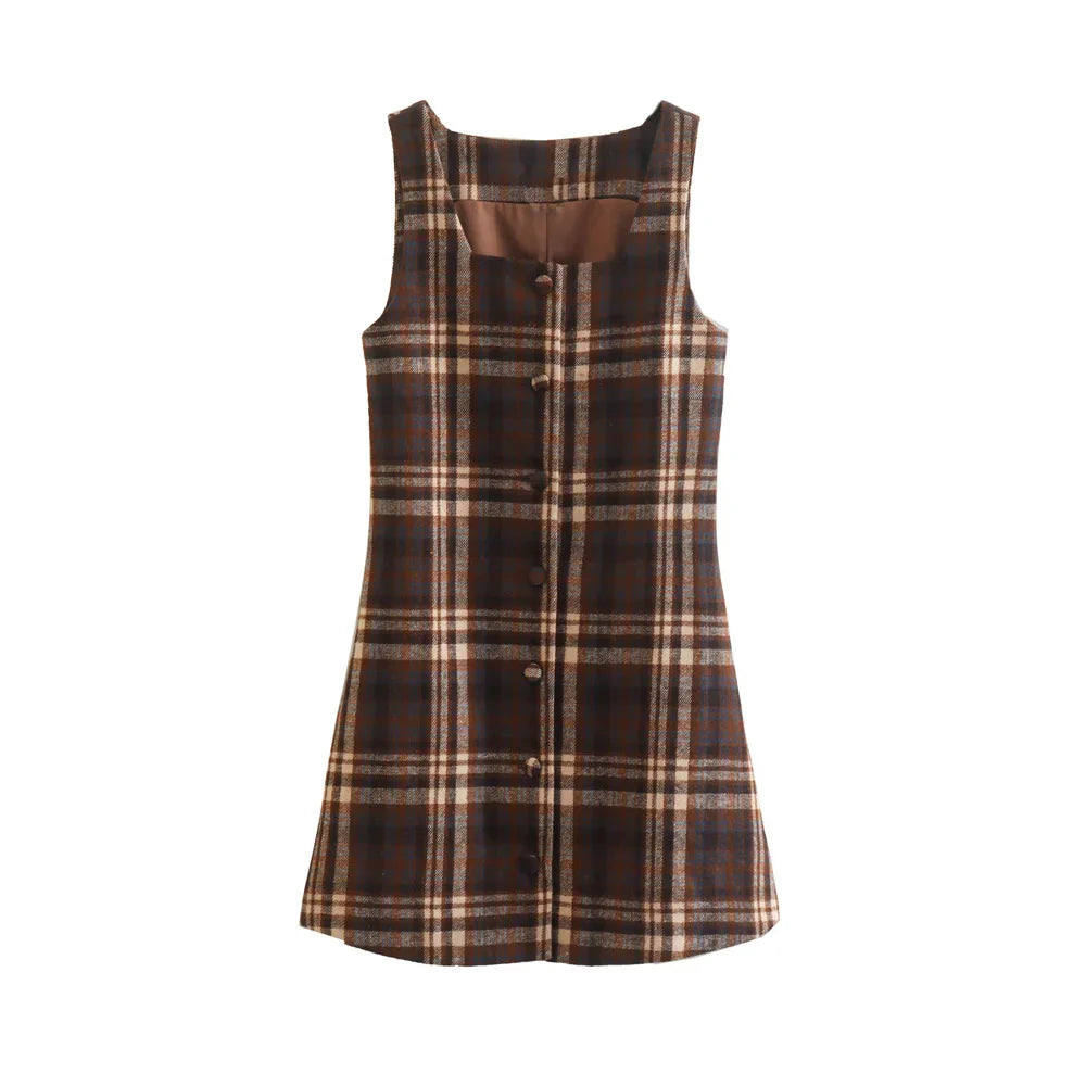 Mini Dresses- Tan Plaid Button-Up Mini Dress with Adjustable Tie-Waist- Coffee- IndioGear Women Clothing