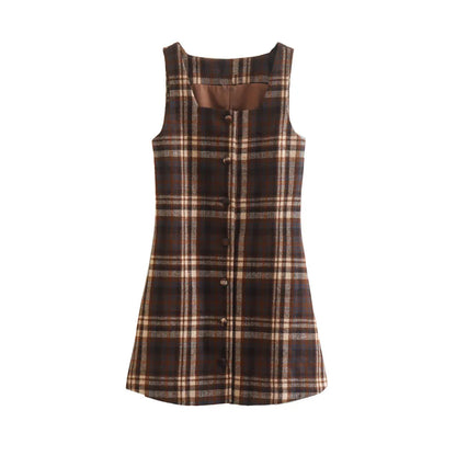 Mini Dresses- Tan Plaid Button-Up Mini Dress with Adjustable Tie-Waist- Coffee- IndioGear Women Clothing