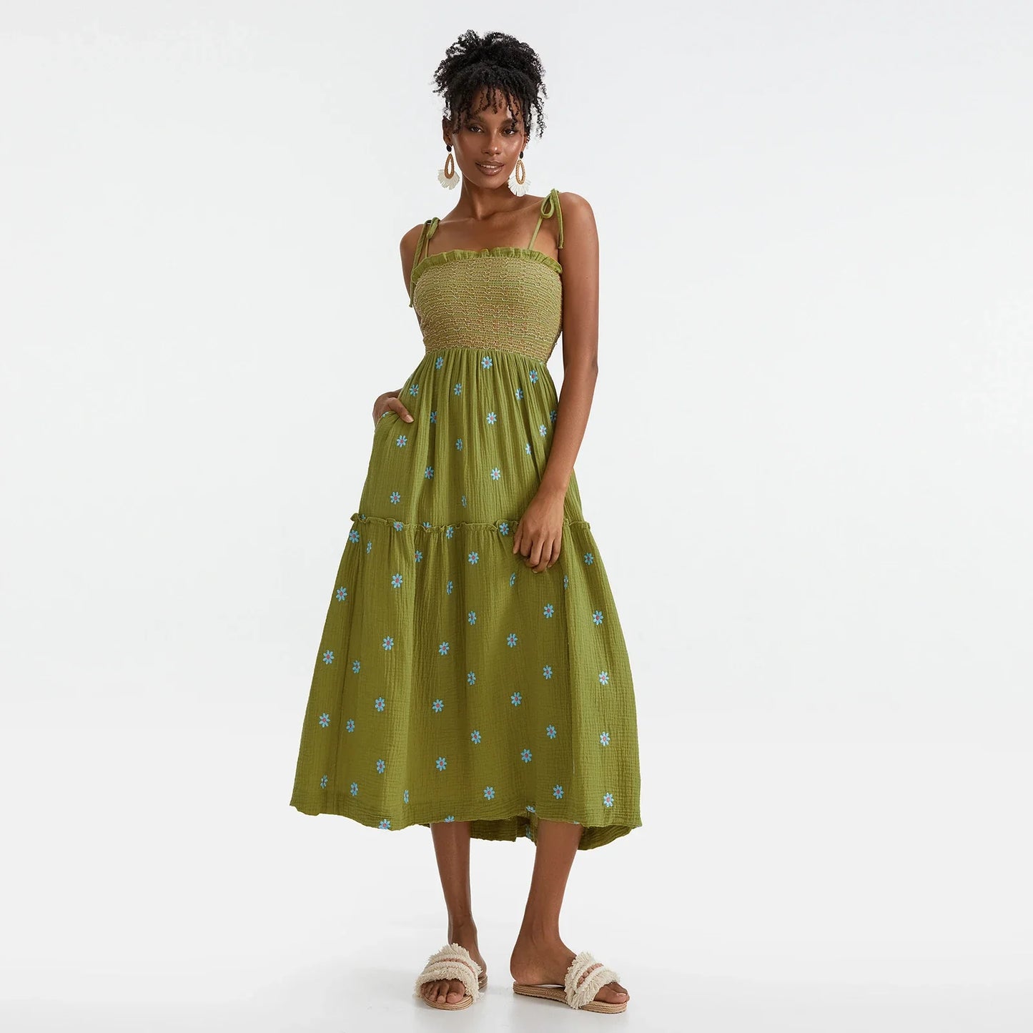 Vacation Dresses- Floral Embroidered Midi Dress for Summer Casual Evenings- - IndioGear.com