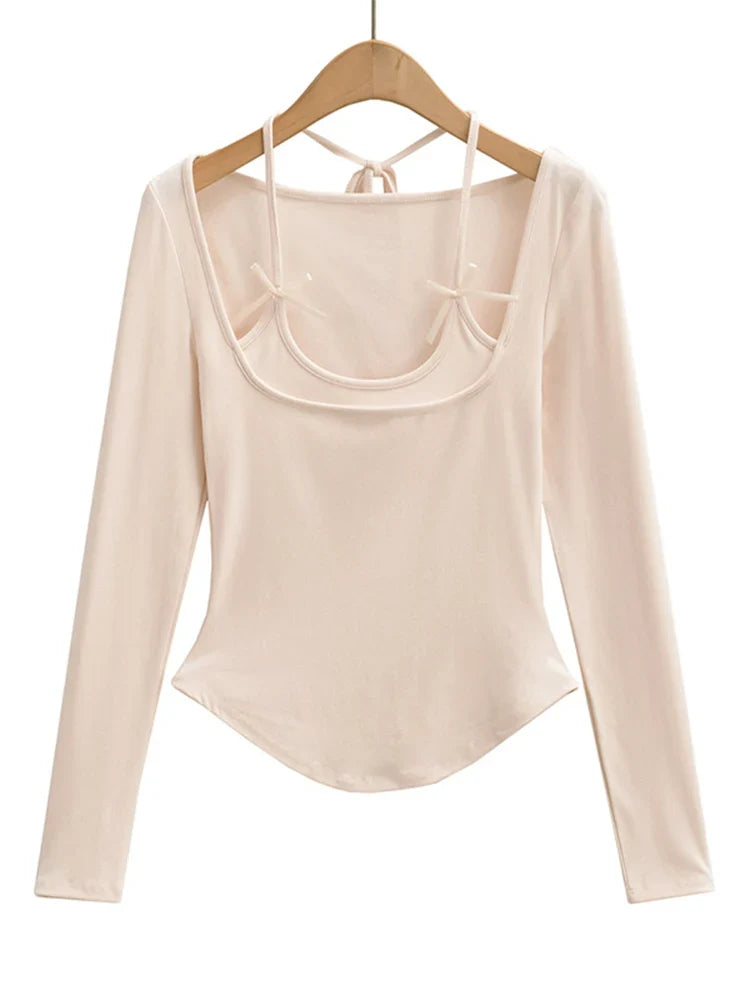 Halter Tops- Halter Crop Top Faux 2 Pieces Long Sleeve- Apricot- IndioGear.com