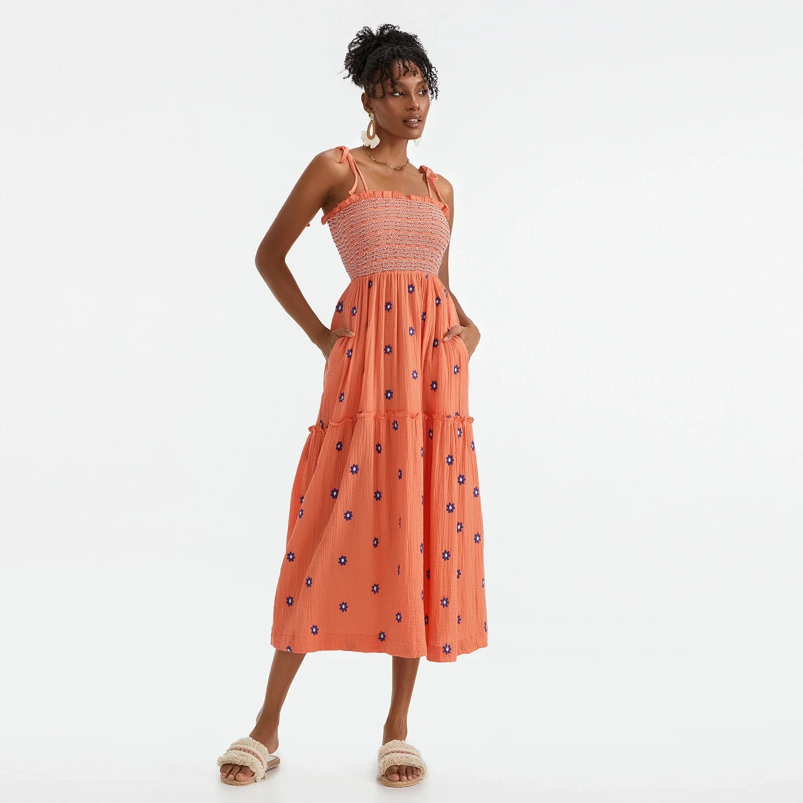 Vacation Dresses- Floral Embroidered Midi Dress for Summer Casual Evenings- - IndioGear.com