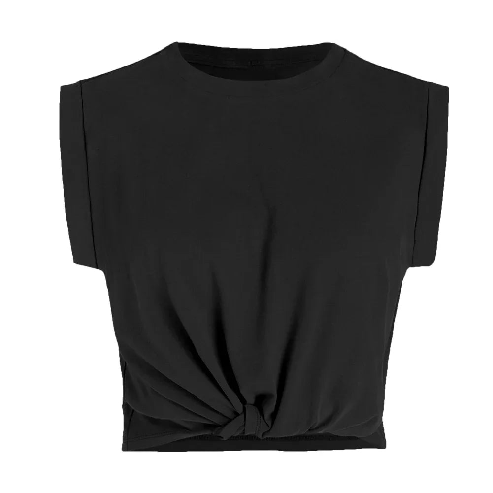 Tees- Tummy Knot Twist Cropped Solid Tee- - IndioGear.com