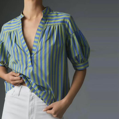 Blouses- Two Tone Striped Print Lantern Sleeve V-neck Blouse- - IndioGear.com