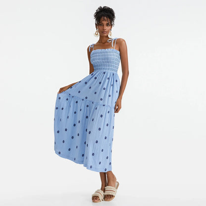 Vacation Dresses- Floral Embroidered Midi Dress for Summer Casual Evenings- - IndioGear.com